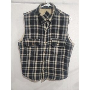 Paragraff Plaid Wool Vest Sherpa Lined Black Gray Mens Small Vintage Workwear